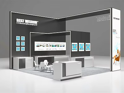 BEST VISION Modern Exhibition Booth With Display Screens Tables Chairs And Cabinets 3d model