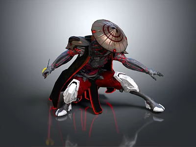 Game Movie Character In Black Red Outfit With Conical Hat Mechanical Armor And Dynamic Stance 3d model