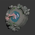 White Fox By Blue Pond With Pink Cherry Blossom Tree Stone Rockery And Green Vines