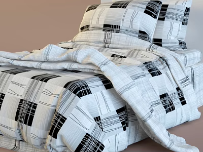 Single Bed with Black and White Plaid Bedspread and Matching Pillows for Modern Decor 3d model