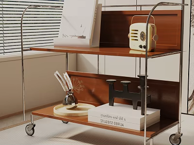 Stylish Rolling Side Table With Two Wooden Shelves Holding Books Radio And Decorative Items 3d model