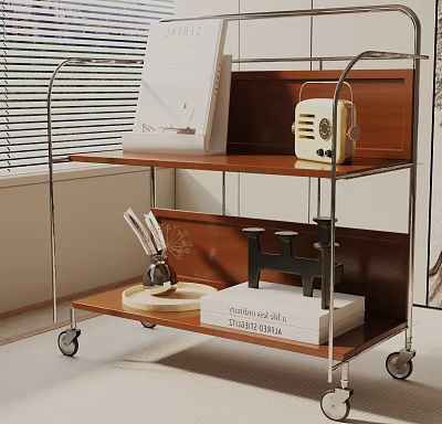 Stylish Rolling Side Table With Two Wooden Shelves Holding Books Radio And Decorative Items 3d model