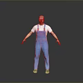 Bald Headed Man in White T shirt and Blue Overalls Standing in Gray Background