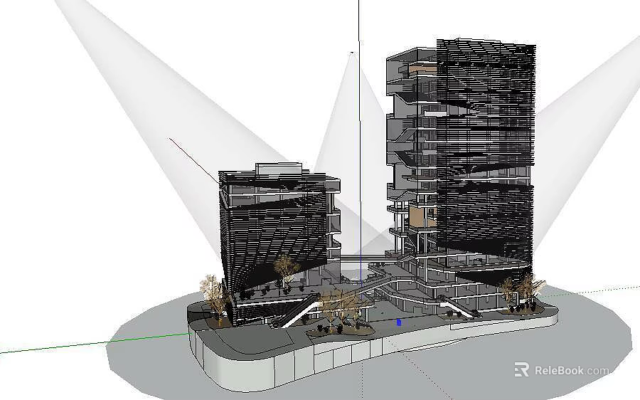 Modern Tall Building Architectural Model Design With Connected Structure Platform And Plants 3d model 