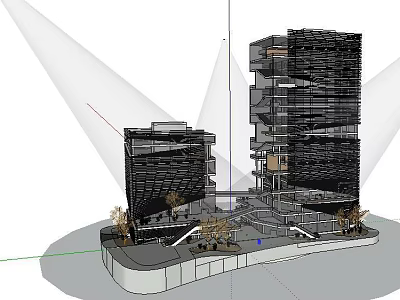 Modern Tall Building Architectural Model Design With Connected Structure Platform And Plants 3d model