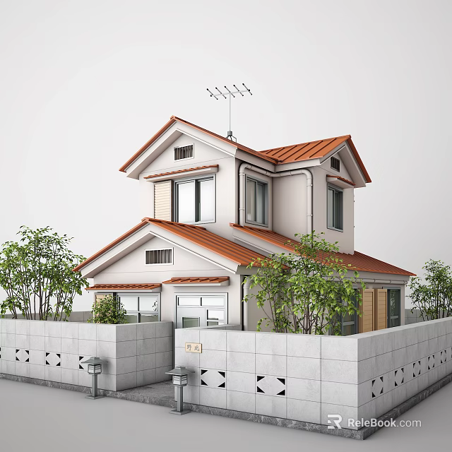 Two Story Detached Villa With Red Roof White Walls Green Plants And Gray Fence 3d model 