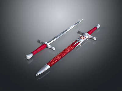 Two Ancient Decorative Swords With Red Hilts Metal Blades And Ornate Scabbards 3d model