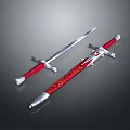 Two Ancient Decorative Swords With Red Hilts Metal Blades And Ornate Scabbards