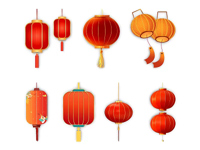 Traditional Chinese Lanterns in Various Red and Orange Styles with Tassels and Patterns 3d model
