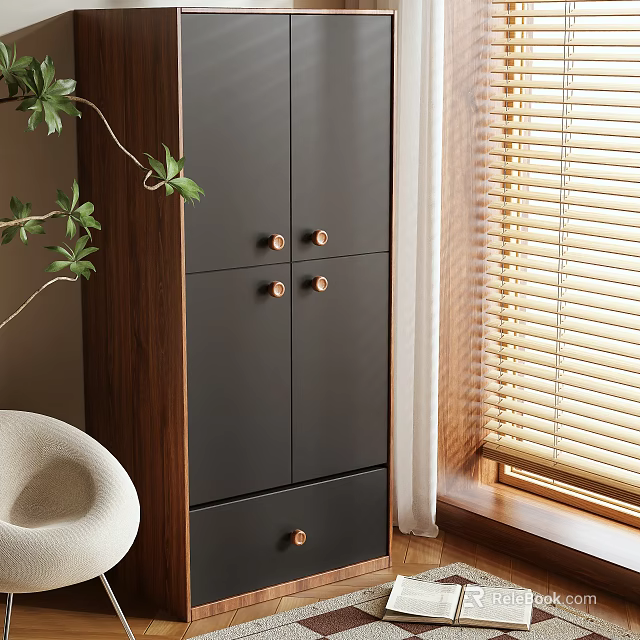 Modern Black Walnut Wardrobe Interior With Brass Knobs Drawers Near Window 3d model