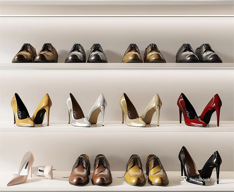 Various Styles Of Shoes Displayed On White Shelves In Retail Store 3d model 