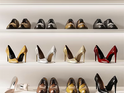 Various Styles Of Shoes Displayed On White Shelves In Retail Store 3d model