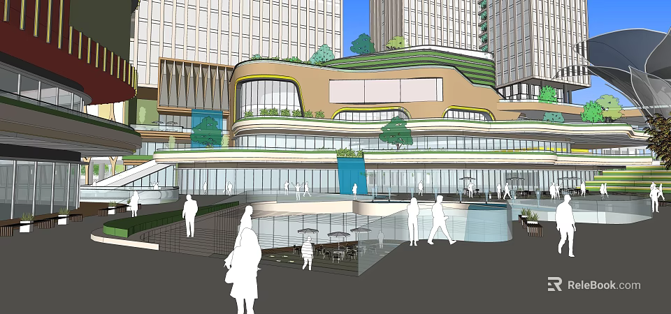 Modern Commercial Street With Curved Glass Facade Green Roof And Pedestrian Walkways 3d model 