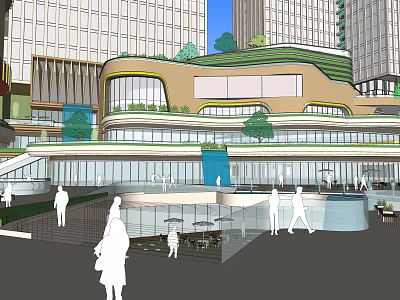 Modern Commercial Street With Curved Glass Facade Green Roof And Pedestrian Walkways 3d model