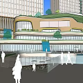 Modern Commercial Street With Curved Glass Facade Green Roof And Pedestrian Walkways