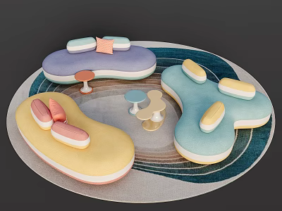 Colorful Sofa and Coffee Table Set with Pastel Cushions and Modern Design Elements 3d model