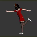 Little Girl In Red Dress With Horned Headdress Dancing Gracefully Against Gray Background