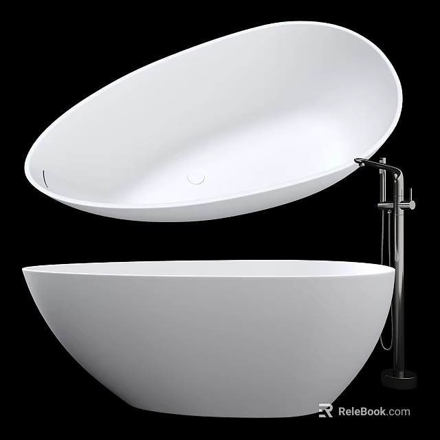 Elegant White Freestanding Oval Bathtub With Modern Metal Faucet Stand Design 3d model 