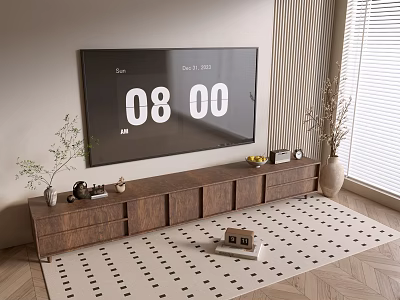 Modern Wooden TV Stand With TV Decorative Items Plants And Area Rug In Living Room 3d model