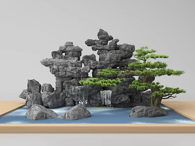 Artistic Rockery Stones Miniature Landscape With Green Pine Tree And Flowing Water 3d model