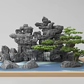Artistic Rockery Stones Miniature Landscape With Green Pine Tree And Flowing Water