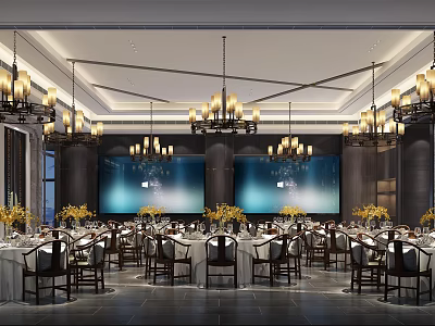 Luxurious Banquet Hall Interior With Chandeliers Dining Tables And Flower Decorations 3d model