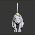 White Fragmented Cat Sculpture with Red Ear Tips Paws on Gray Background and Reflection 3d model