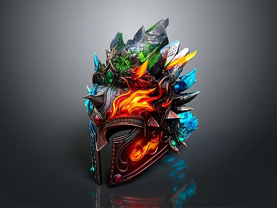 Ornate Fantasy Helmet Design With Fiery Flames Colored Gems And Spiked Details 3d model