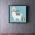 Decorative Framed Llama Artwork With Blue Background And Green Cactus Plant
