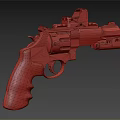 Tactical Revolver With Orange Textured Grip Black Body Red Dot Scope And Yellow Label