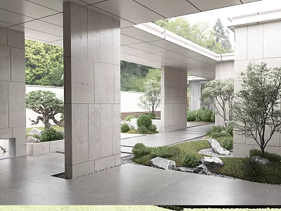 Modern Garden Landscape With Open Columns Stone Features Green Plants And Serene Courtyard 3d model
