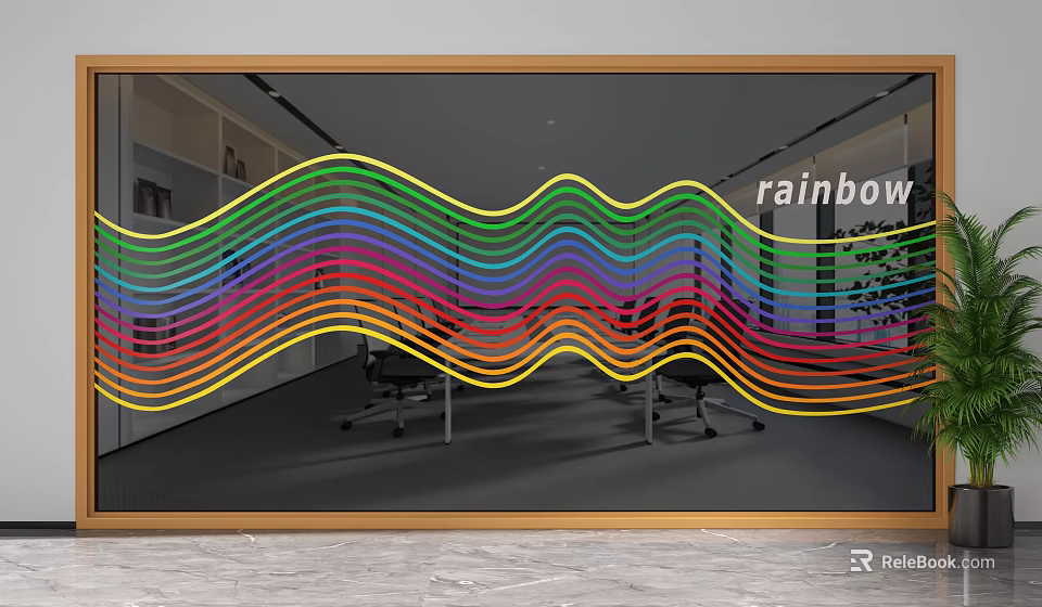 Modern Office Partition With Rainbow Wavy Lines And Workspace Design 3d model 