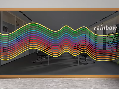 Modern Office Partition With Rainbow Wavy Lines And Workspace Design 3d model