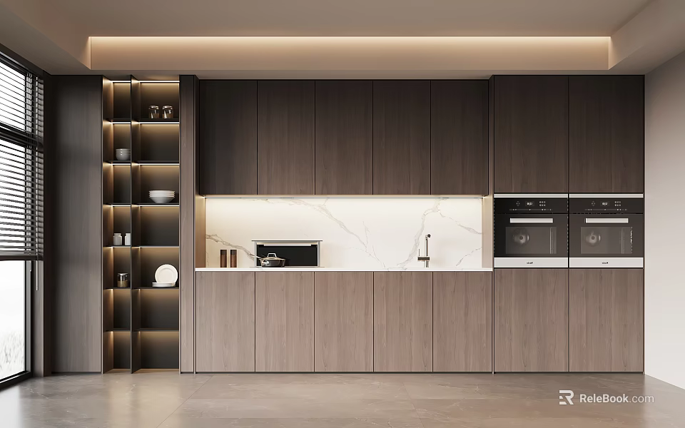 Modern Minimalist Wooden Side Cabinet With LED Display Shelves And Built In Kitchen Appliances 3d model 