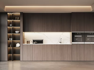 Modern Minimalist Wooden Side Cabinet With LED Display Shelves And Built In Kitchen Appliances 3d model