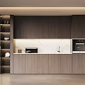 Modern Minimalist Wooden Side Cabinet With LED Display Shelves And Built In Kitchen Appliances