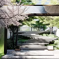 Garden Courtyard With Cherry Blossom Tree White Wall Stone Steps And Green Plants
