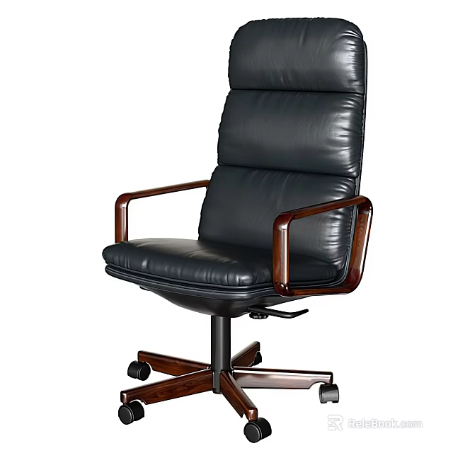 Ergonomic Black Leather Office Chair With Wooden Armrests Swivel Wheels And Executive Design 3d model 