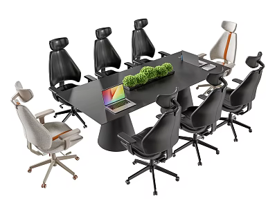 Modern Conference Table With Ergonomic Chairs Laptop And Green Plant In Office 3d model