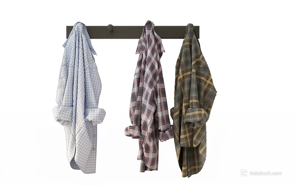 Three Stylish Plaid Shirts with Rolled Sleeves Hanging on Black Hooks 3d model 