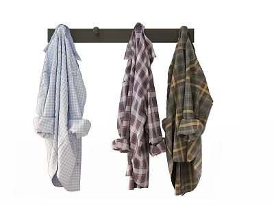 Three Stylish Plaid Shirts with Rolled Sleeves Hanging on Black Hooks 3d model