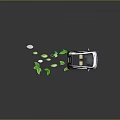Small Modern Electric Car With Open Door And Green Leaves Trail At Rear