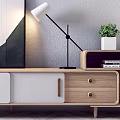 Modern TV Stand With Wooden White Design Drawers Shelves Table Lamp Potted Plant And Books
