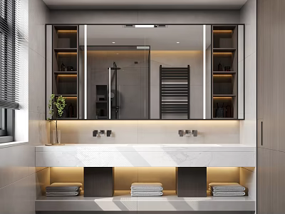 Modern Bathroom With Double Vanity Marble Countertop Backlit Mirror Storage Cabinets And Towels 3d model