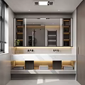 Modern Bathroom With Double Vanity Marble Countertop Backlit Mirror Storage Cabinets And Towels