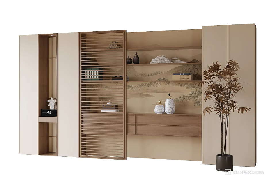 Modern Wooden Bookcase with Open Shelves Decorative Items and Potted Plant 3d model 