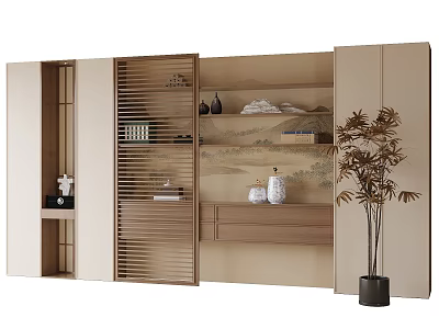 Modern Wooden Bookcase with Open Shelves Decorative Items and Potted Plant 3d model