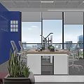 Open Public Office Interior With Blue Walls Glass Partitions Green Plants Desks Computers And Sofa