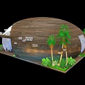 Modern Exhibition Booth With Curved Wooden Top And White Transparent Structure Surrounded By Palm Trees