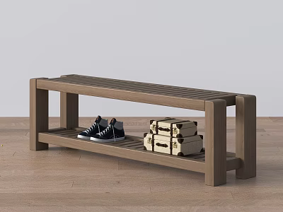 Brown Wooden Sofa Bench With Shelf Holding Black Shoes And Suitcases 3d model